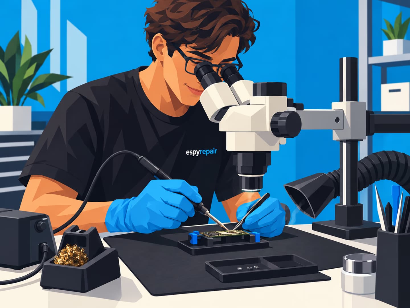 Illustration of a technician microsoldering a secured circuit board under a stereo microscope.
