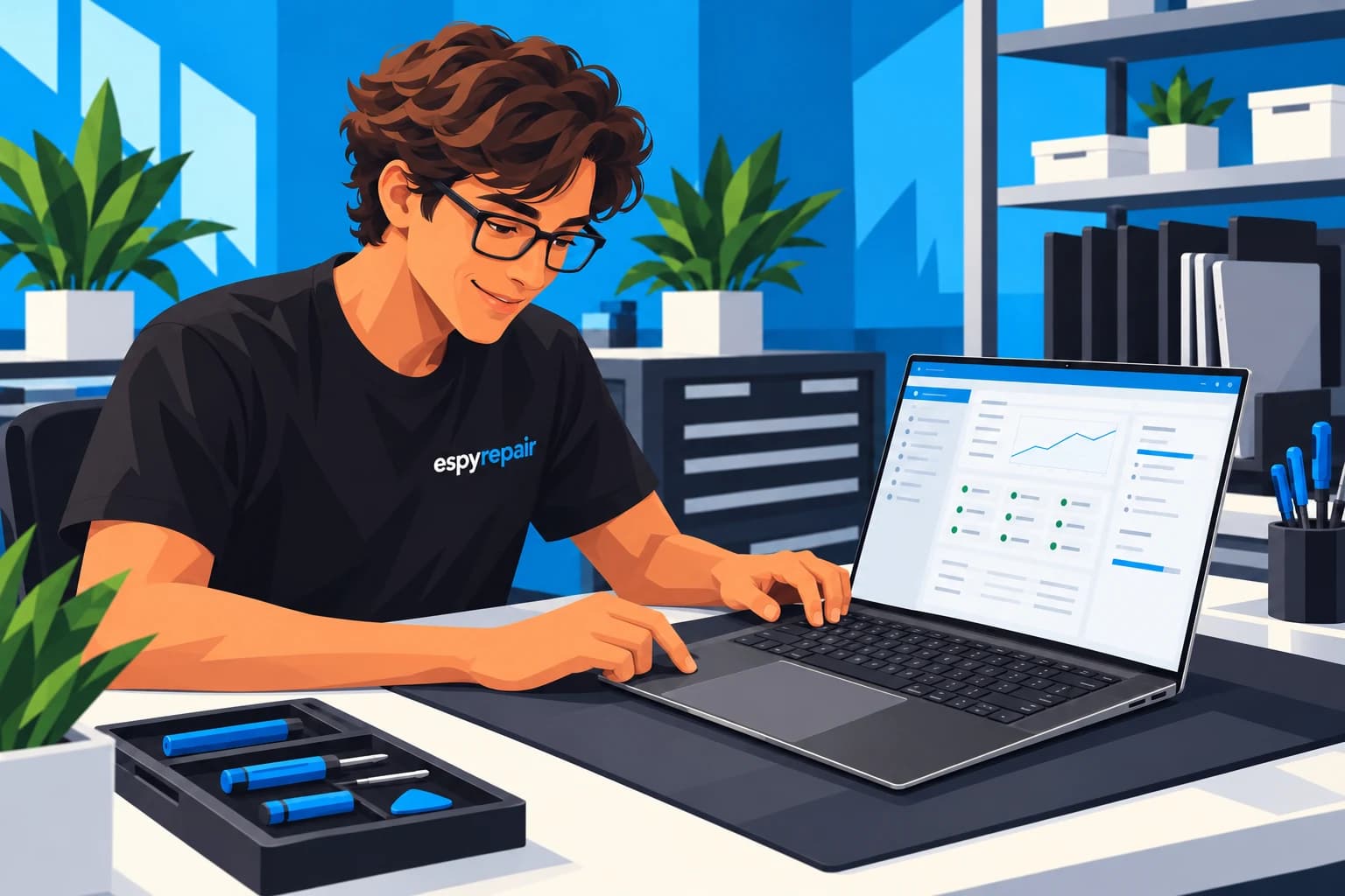 Illustration of an Espy Repair technician running diagnostics on a laptop.