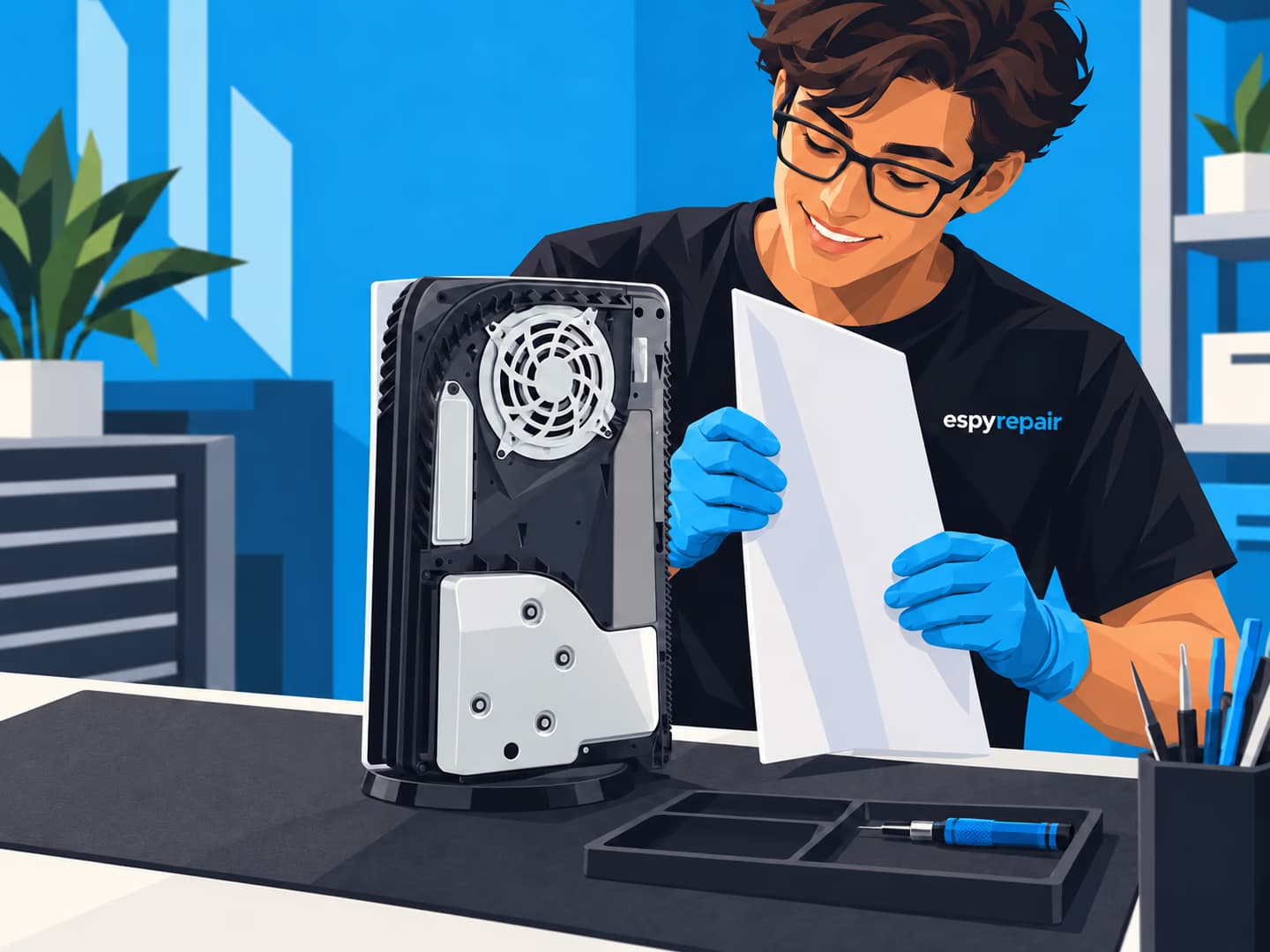 Illustration of a technician inspecting an original disc-model PlayStation 5 with its outer panel removed.