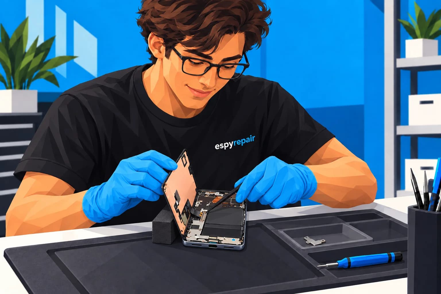 Illustration of an Espy Repair technician servicing a Google Pixel 8 Pro with its screen supported open.