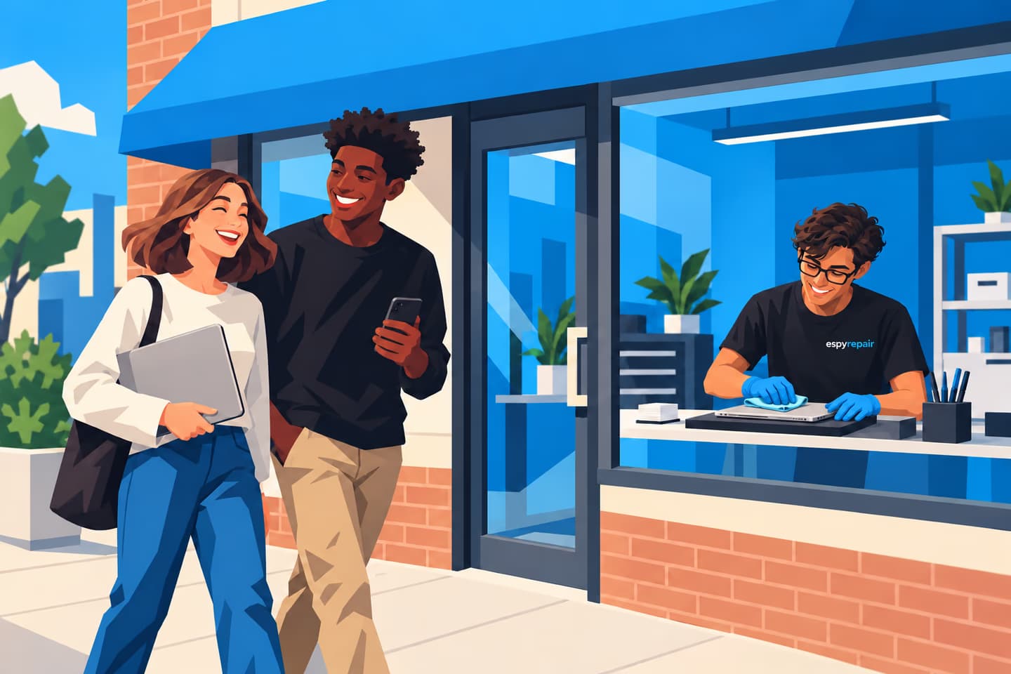 Conceptual illustration of visitors approaching a neighborhood electronics repair shop; not the actual Espy storefront.