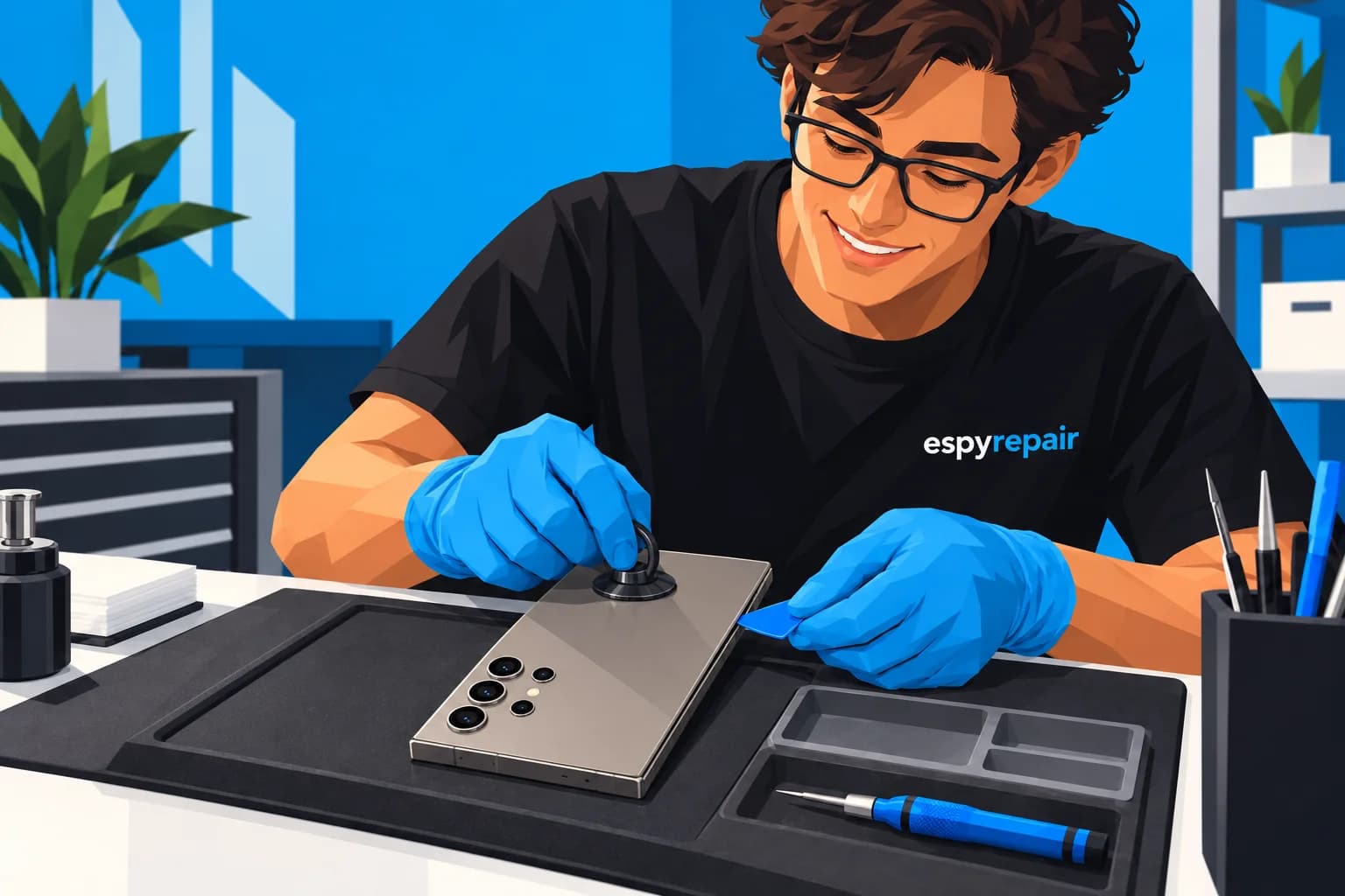 Illustration of an Espy Repair technician opening a Samsung Galaxy S24 Ultra with a suction cup and opening pick.