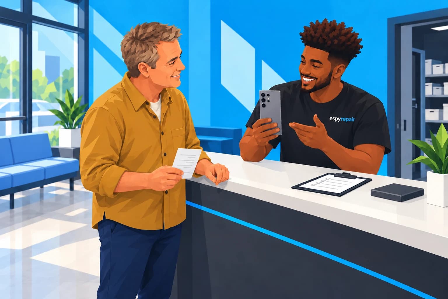 Illustration of an Espy Repair technician showing a Samsung Galaxy phone to a customer at the service counter.
