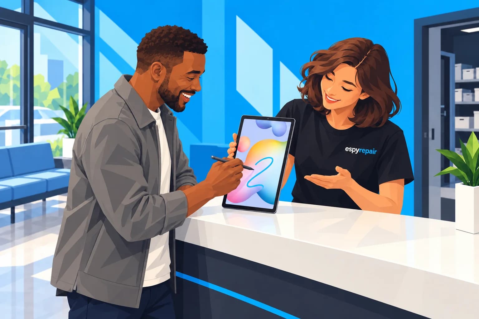Illustration of a customer testing a Samsung Galaxy Tab S6 Lite with its S Pen at the Espy Repair reception counter.