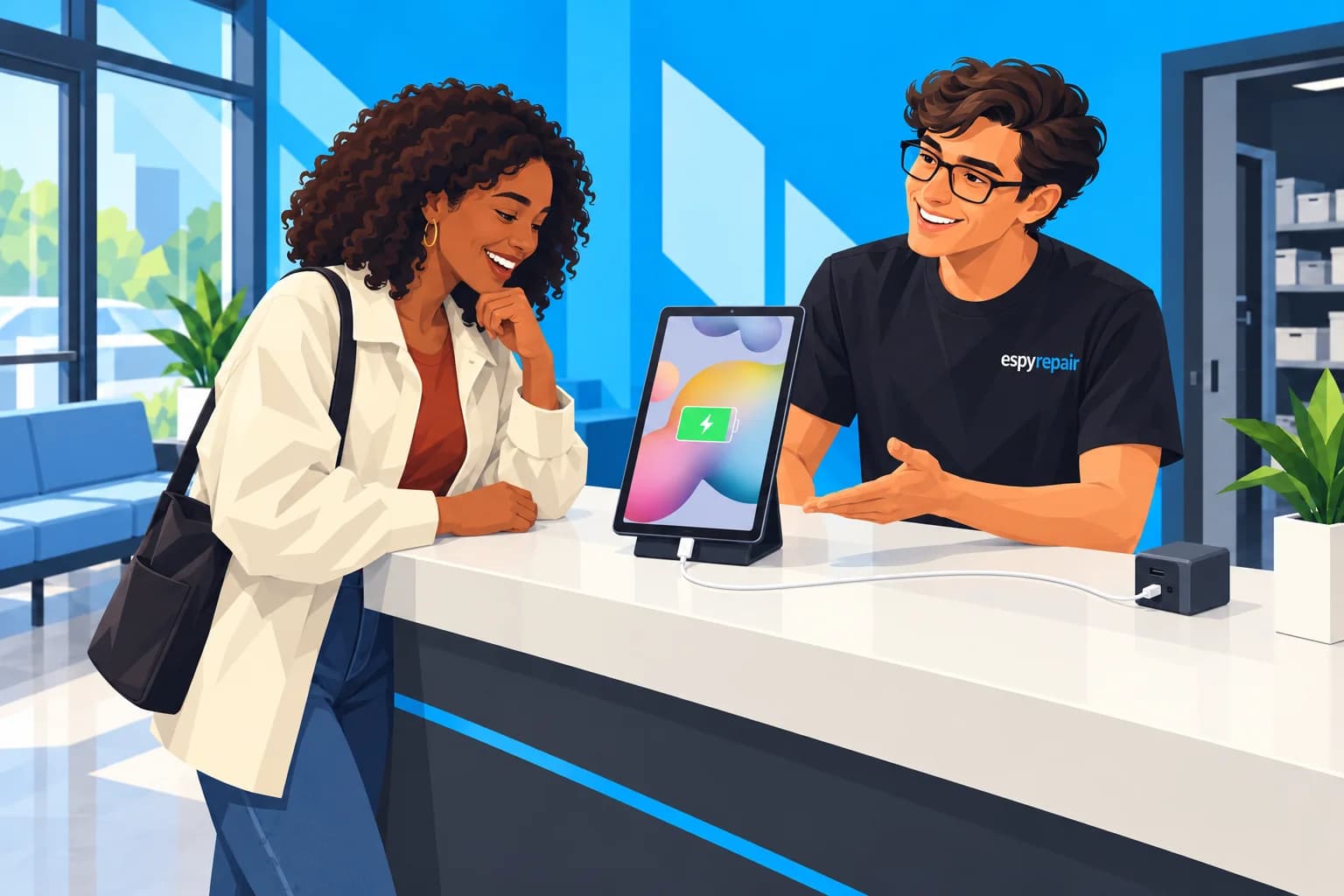 Illustration of a customer and Espy Repair technician checking USB-C charging on a Samsung Galaxy Tab S6 Lite at reception.