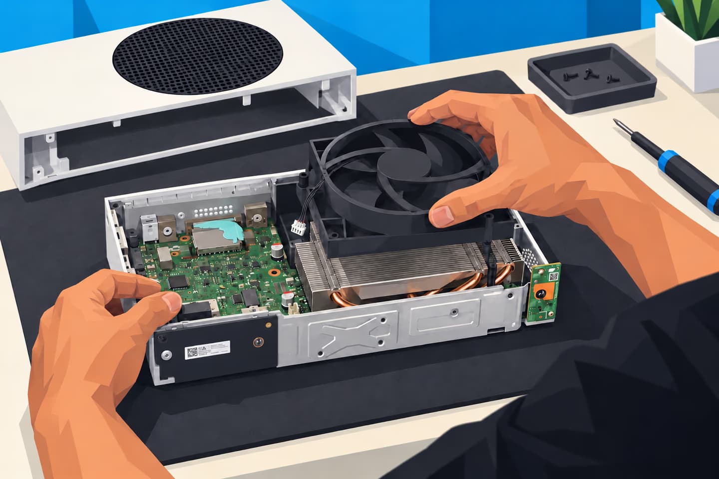 Illustration of a technician reinstalling the cooling fan in an original white Xbox Series S with its power supply removed.