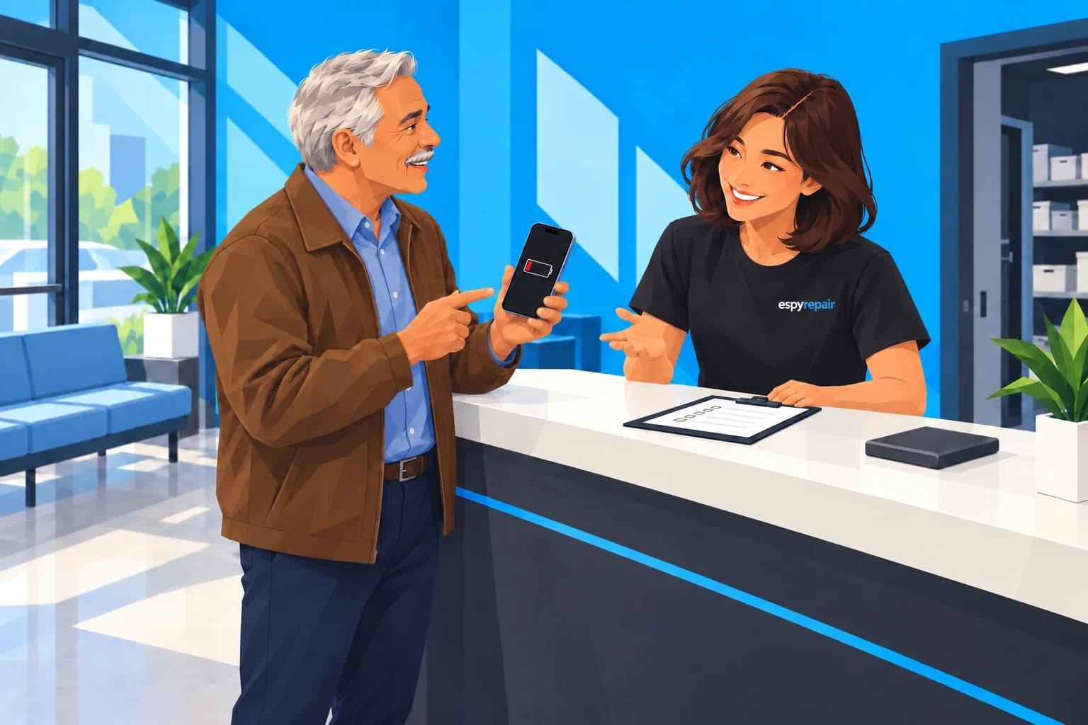 Illustration of a customer showing an iPhone with a low battery to an Espy Repair technician at the service counter.